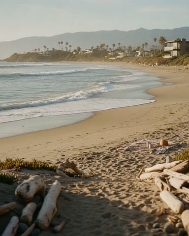 Sandy beach with gentle waves, driftwood in foreground, coastal homes and palm trees on bluff, mountains in distance