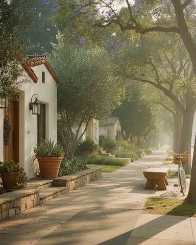 Tree-lined residential street with white cottage, terracotta planters, and bicycle parked on sidewalk