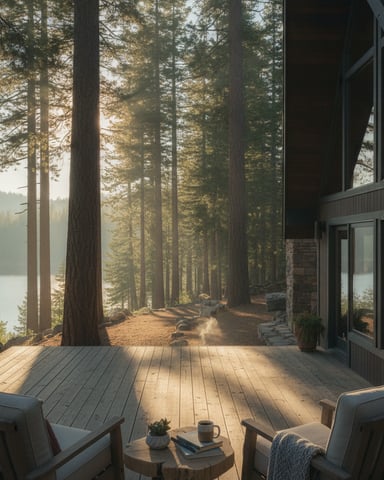 Modern cabin deck with lounge chairs overlooking forest, lake, and tall pine trees at sunset