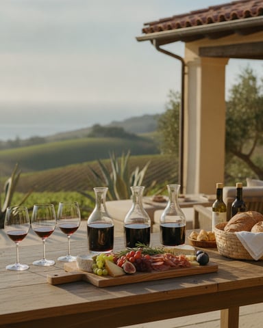 Terrace table with wine glasses, carafes, charcuterie board, and bread basket overlooking vineyard and coastal landscape