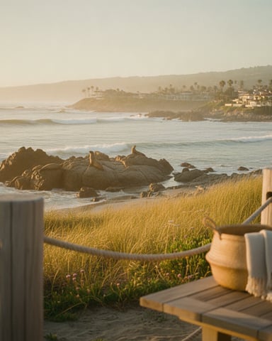 Wooden railing overlooking coastal bluff with sandy beach, rocky outcrops, and palm-lined hillside homes at sunset