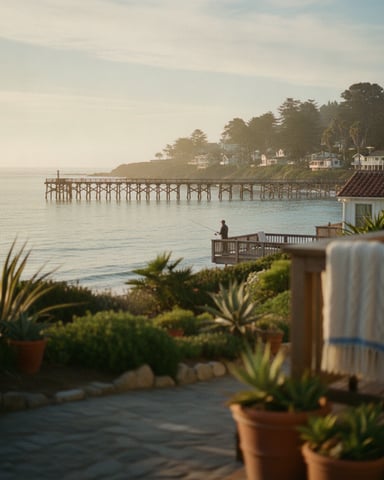 Coastal property with ocean view, wooden pier, beachfront homes, and potted plants on patio