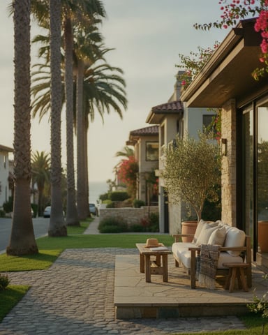 Coastal home with stone exterior, patio seating, palm trees, and flowering vines along tree-lined street.