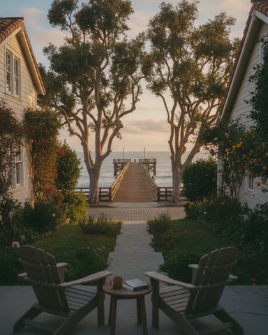 Waterfront cottage pathway with tall trees framing view of wooden pier and ocean at sunset