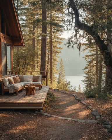 Wooden cabin deck with seating overlooking a lake through tall pine forest in autumn.