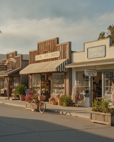 Vintage-style beachfront shopping street with wooden storefronts, striped awning, and boutique shops decorated with potted plants and bicycle.