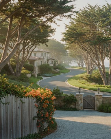 Curved driveway lined with tall cypress trees leading to white Mediterranean-style house with stone gate entrance
