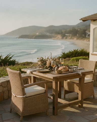 Outdoor dining table set on coastal patio with ocean and hillside views