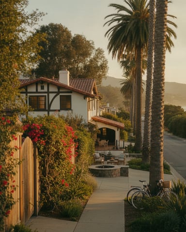 Tudor-style house with red-tiled roof, palm trees, flowering vines, fire pit patio, and water view in background