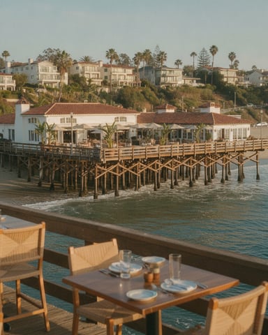 Beachfront dining terrace overlooking wooden pier with white building and palm-lined hillside homes