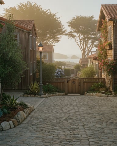 Coastal village street with stone cottages, cypress trees, and ocean view in distance