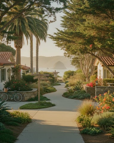 Tree-lined coastal village pathway with white cottages, palm trees, red-tile roofs, and ocean view in distance