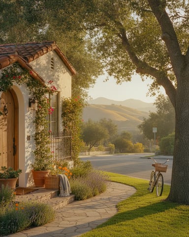 Ivy-covered cottage with terracotta roof beside large oak tree, bicycle parked on lawn, rolling hills visible in distance