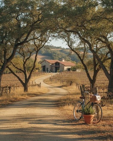 Dirt driveway lined with gnarled oak trees leading to stone farmhouse with vineyard and rolling hills beyond