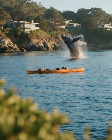 Whale breaching in coastal waters with orange boat, rocky cliffs, and modern houses nestled among trees in background