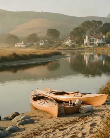 Two orange kayaks on sandy beach with paddles and towels, calm river, houses and trees across water, rolling hills in background