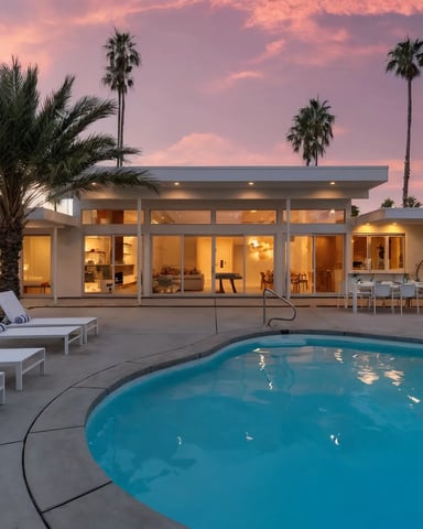 Modern home with pool, lounge chairs, and palm trees at sunset with illuminated interior visible through glass doors