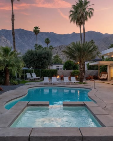Modern home with pool and spa at sunset, palm trees, mountain views, lounge chairs, and lit interior visible through glass doors