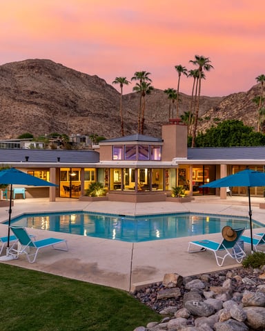 Modern mid-century home with pool, lounge chairs, and blue umbrellas at sunset, desert mountains and palm trees in background