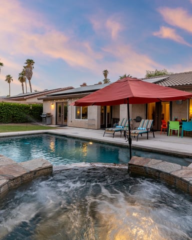 Backyard with hot tub, swimming pool, red umbrella, lounge chairs, and modern house at dusk with palm trees