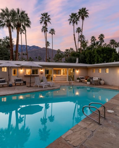 Mid-century modern home with curved pool, palm trees, and mountain views at dusk
