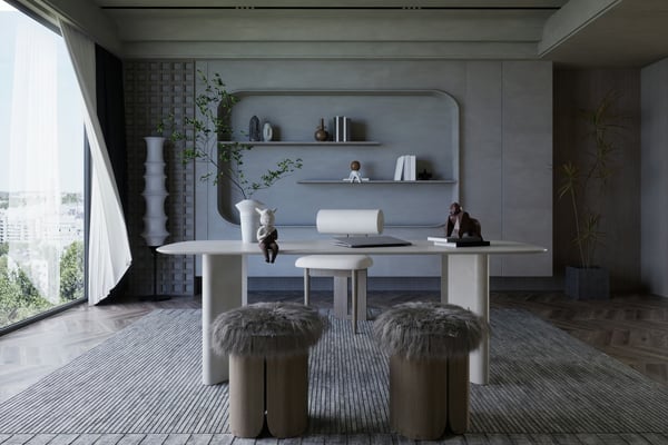 Sculptural grey home office with arched shelving